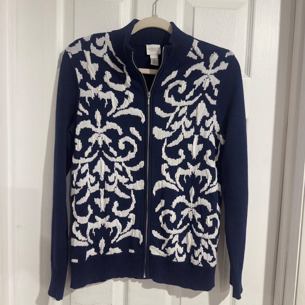 Weekends by Chicos Navy Blue White Damask Full Zip Mock Neck Cardigan Sweater 0